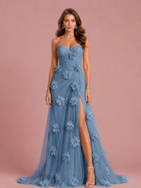 3D Floral Applique Strapless Tulle Prom Dress with High Slit