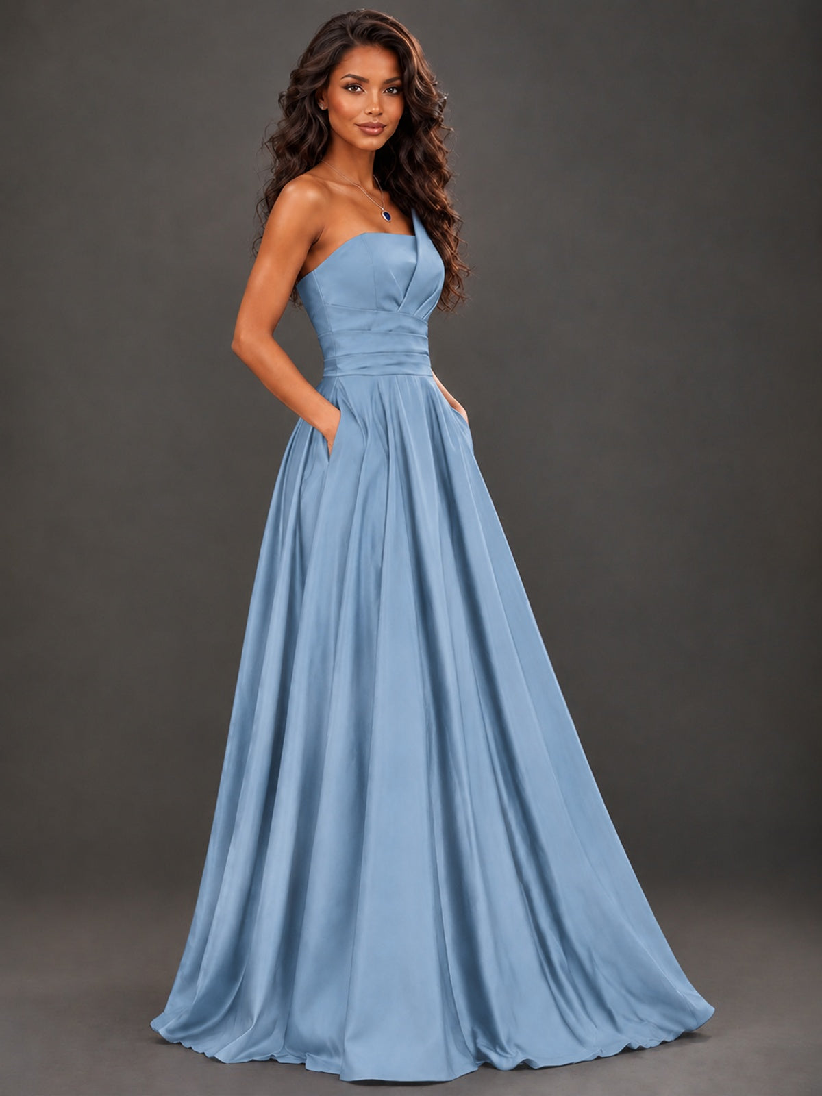 Draped Satin Prom Dress Strapless A-line Formal Dress Floor Length