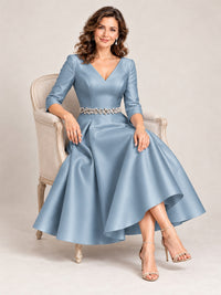 V-Neck Tea-Length Mother of the Bride Dress with Embellished Waist