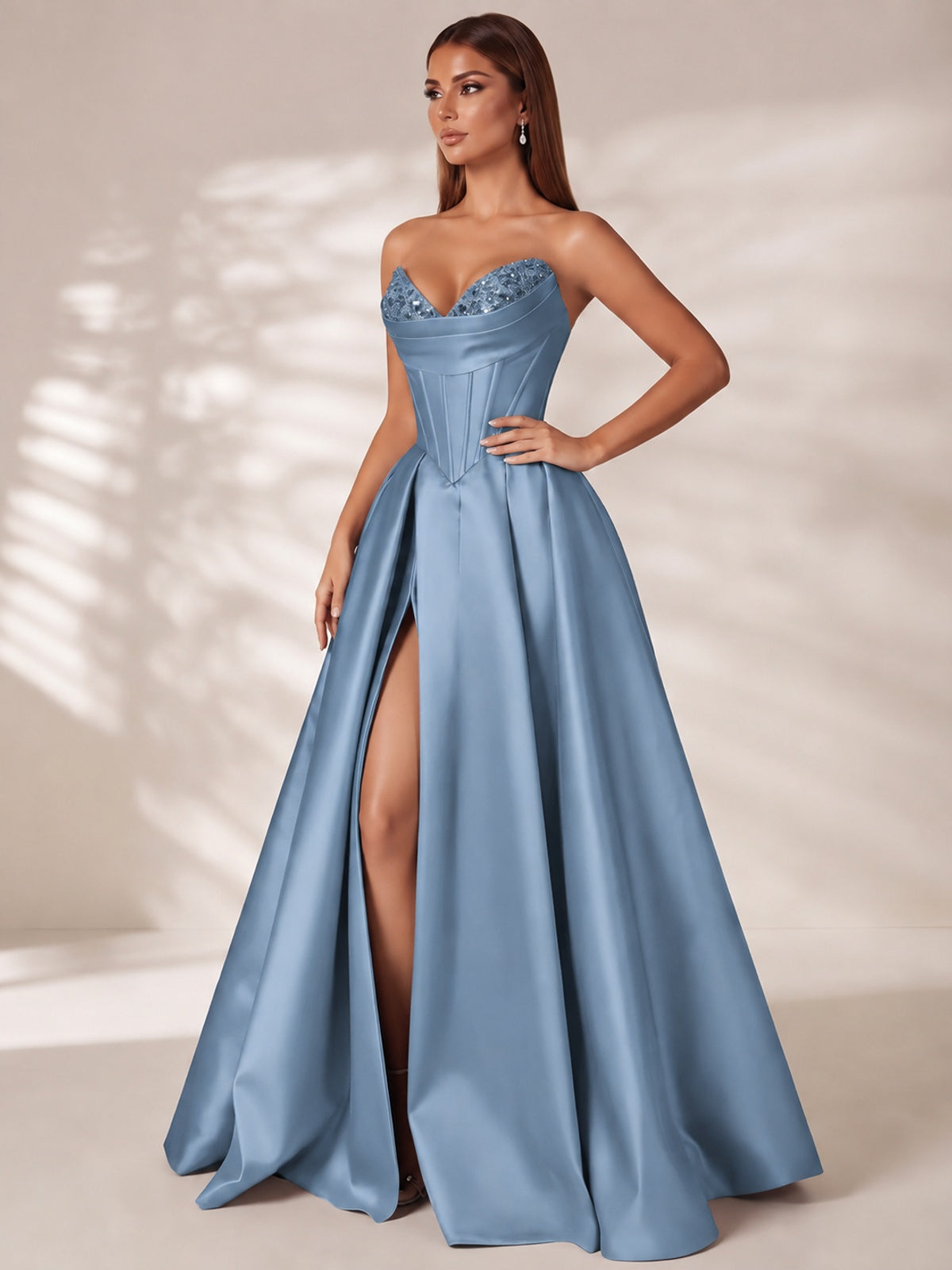 Strapless Corset Satin Prom Dress Long Evening Gown with High Slit