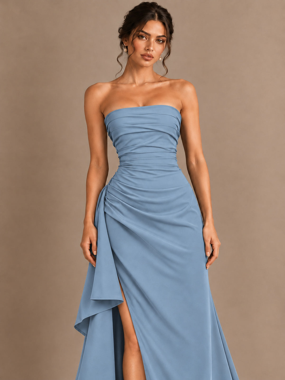 Black and White Strapless Ruched Prom Dress with High Slit & Side Drape
