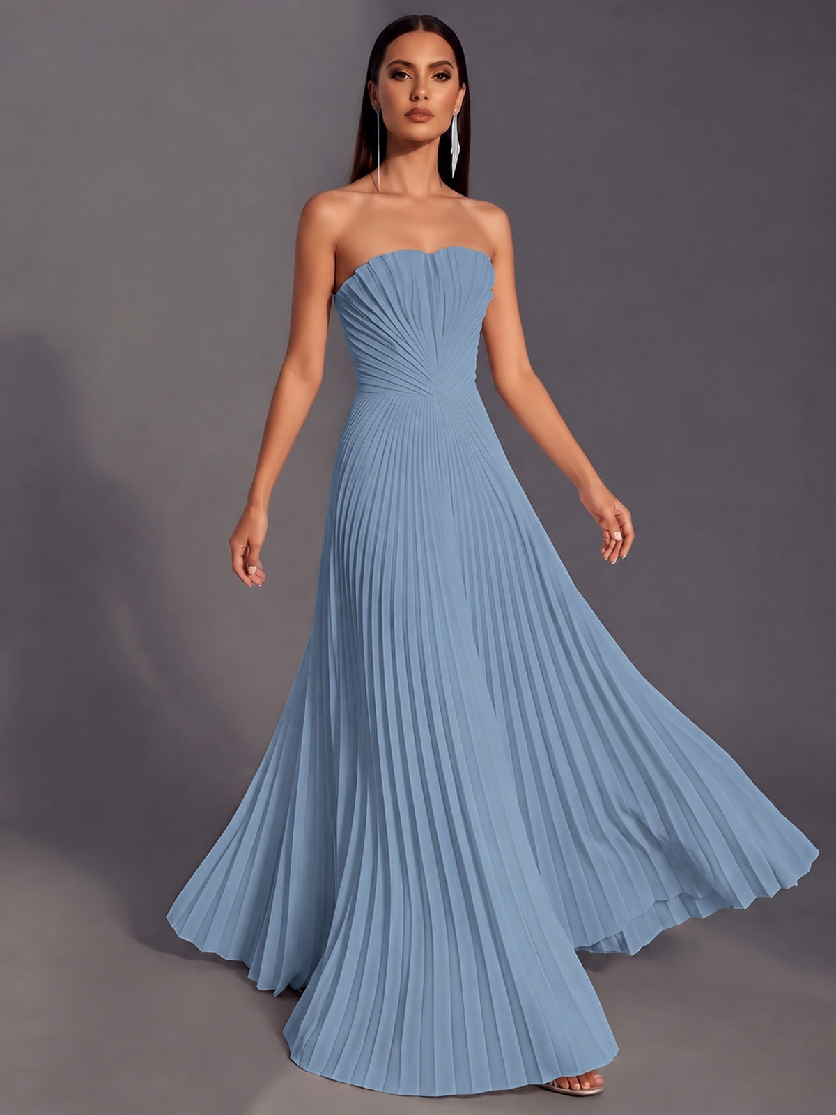 Strapless A-line Long Pleated Satin Prom Dress