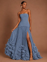 Strapless Pleated Floral Satin Formal Dress with Side Slit