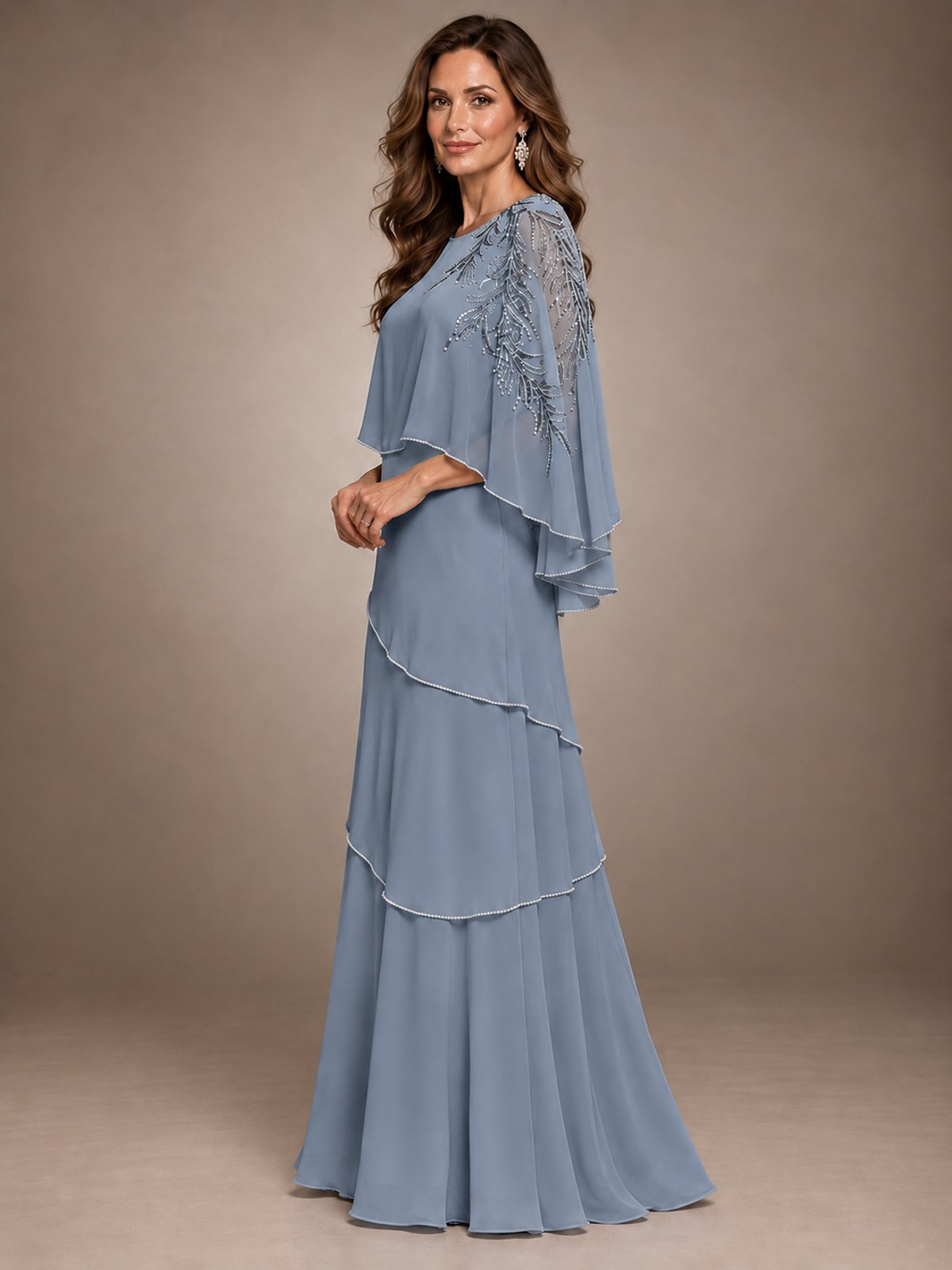 Elegant Chiffon Cape Sleeve Beaded Mother of the Bride Dress