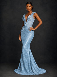 Gold Sequin Floral Applique Mermaid Prom Dress