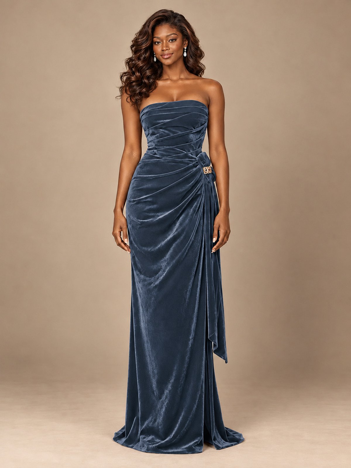 Burgundy Velvet Strapless Ruched Prom Dress with Jeweled Side Drape