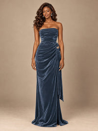 Burgundy Velvet Strapless Ruched Prom Dress with Jeweled Side Drape