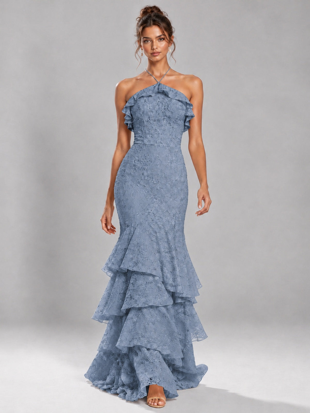 Halter Tiered Mermaid Prom Dress with Sparkly Lace