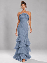 Halter Tiered Mermaid Prom Dress with Sparkly Lace