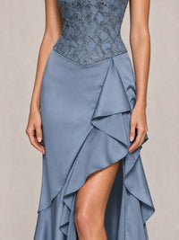 Strapless Lace Appliques Corset Satin Prom Dress Ruffle Slit Evening Gown