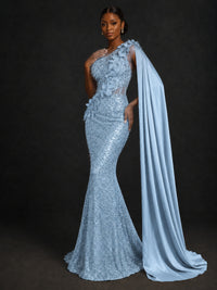 Gold Sequin One Shoulder Mermaid Prom Dress with Cape