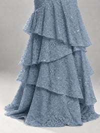 Halter Tiered Mermaid Prom Dress with Sparkly Lace