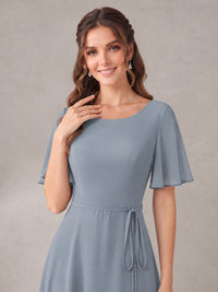 Scoop Neck A-line Chiffon Bridesmaid Dress with Flutter Sleeve & Belt