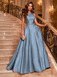Satin A-Line Prom Dress Sleeveless Beaded Waist Formal Gown with Pockets