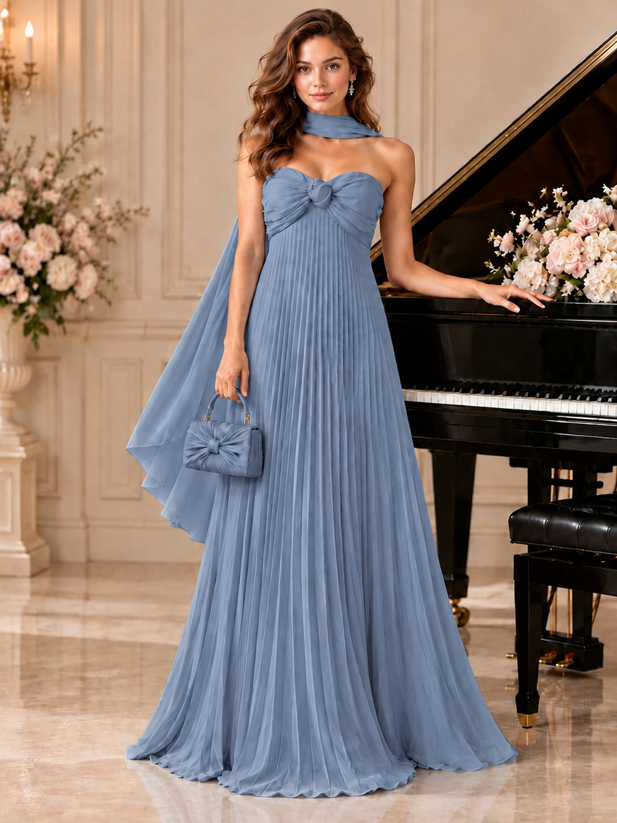 Sweetheart Neckline Pleated Prom Dress Strapless A-line Formal Dress with Flowy Scarf