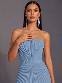 Strapless A-line Long Pleated Satin Prom Dress