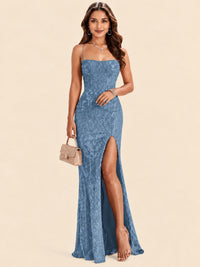Sequin Lace Appliques Mermaid Prom Dress Spaghetti Strap Formal Gowns with Slit