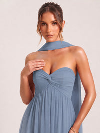 Strapless Ruched Chiffon Long Prom Dress with Scarf