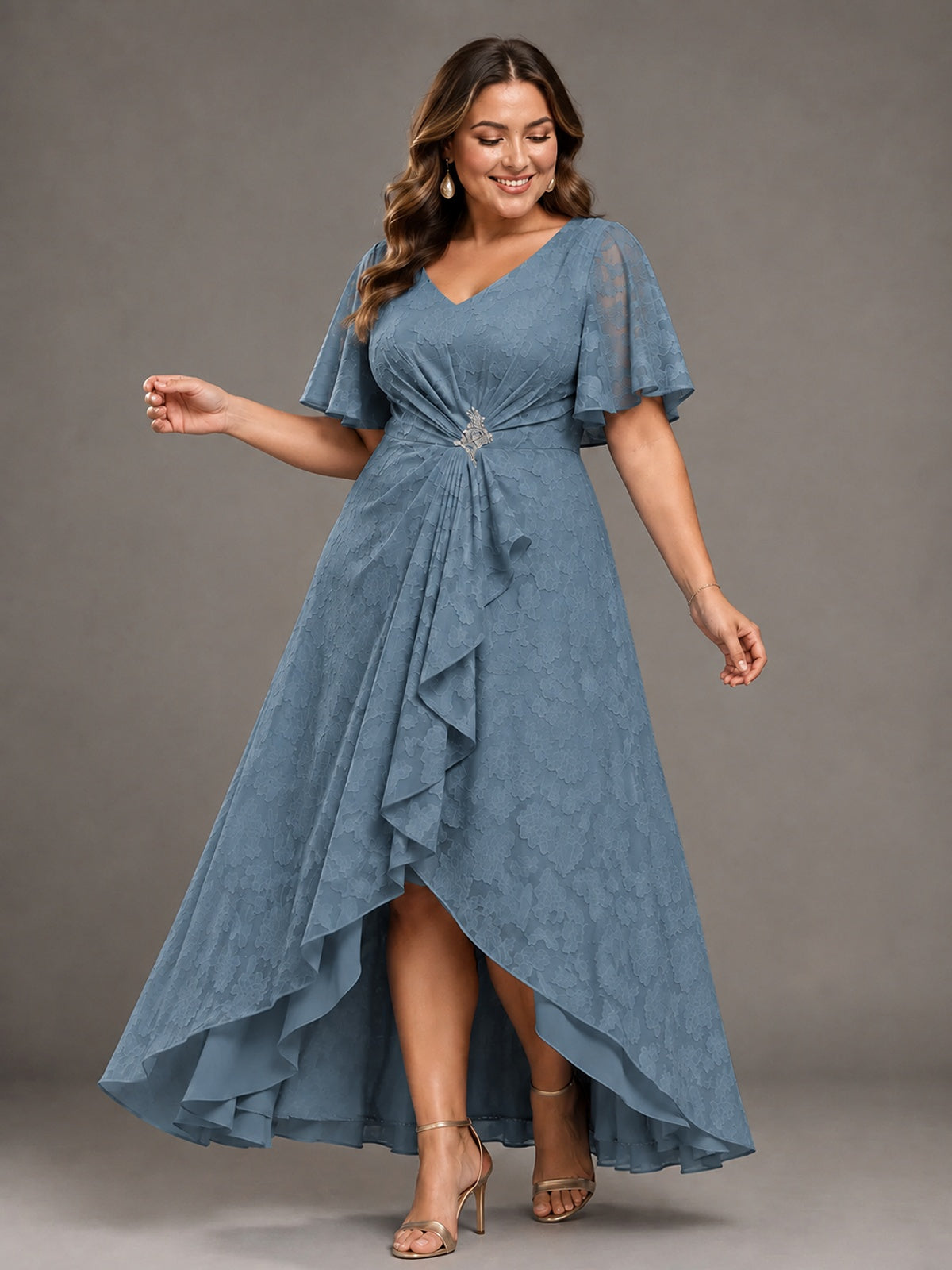 Jacquard Chiffon A-Line V-Neck High-Low Mother of the Bride Dress