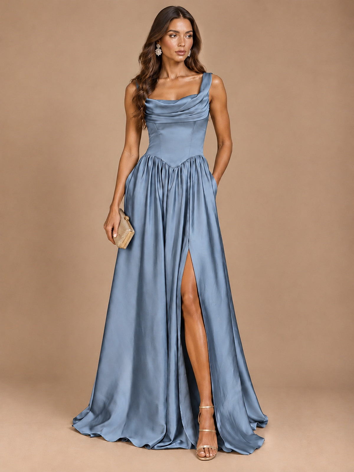 Cowl Neck Pleated Satin Prom Dress with Pockets & Slit Maxi Formal Gowns