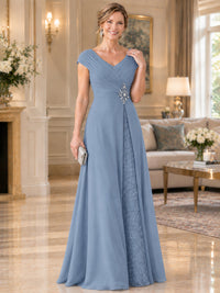 Pleated Chiffon Lace Mother of The Bride Dresses with Beading Cap Sleeves