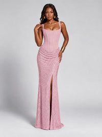 Sequin Corset Mermaid Prom Dress with Square Neck Wide Strap High Slit