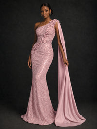 Gold Sequin One Shoulder Mermaid Prom Dress with Cape