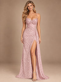 Burgundy Sequin Corset Prom Dress with High Slit