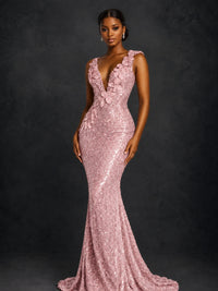 Gold Sequin Floral Applique Mermaid Prom Dress