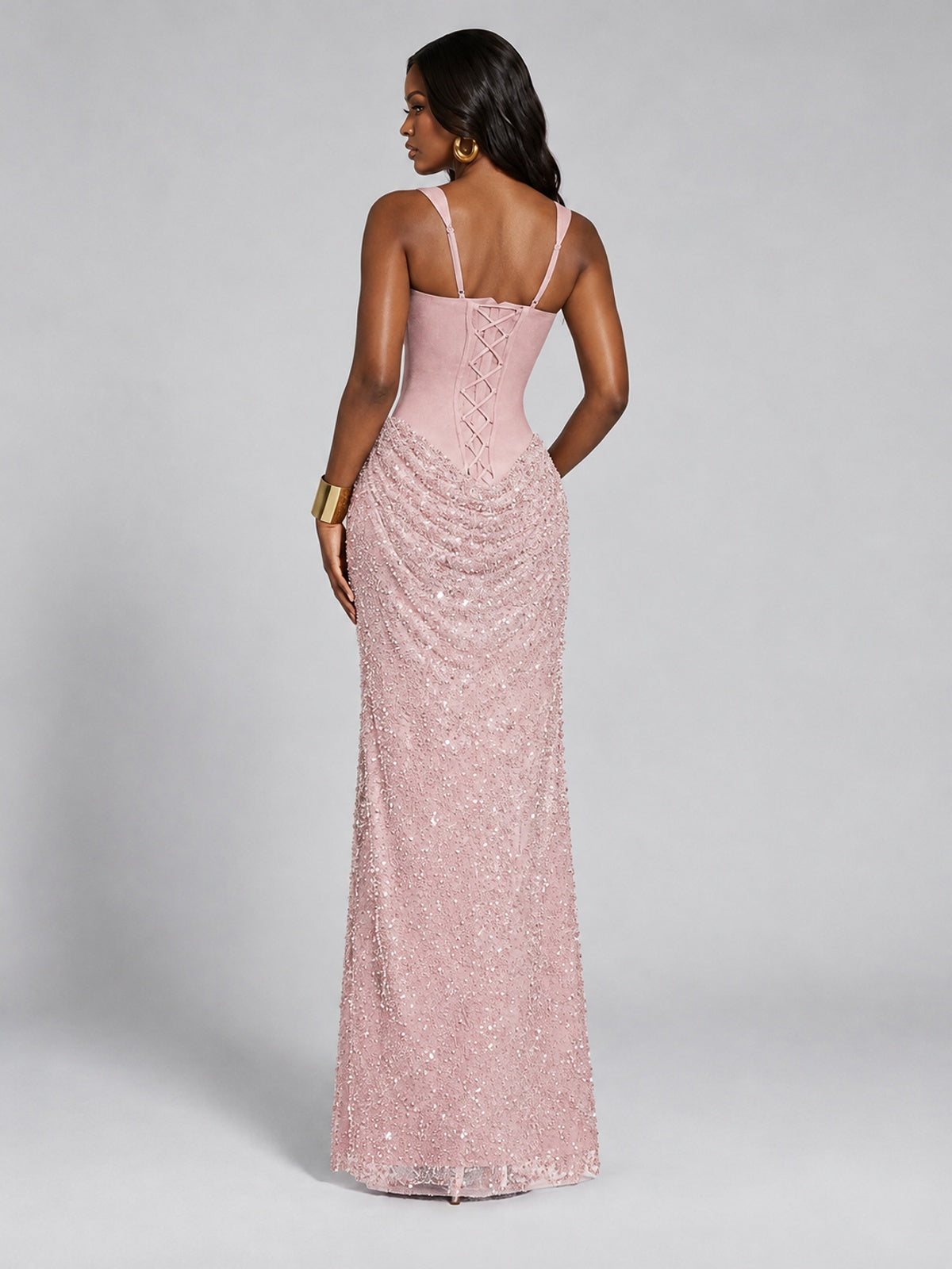 Sequin Corset Mermaid Prom Dress with Square Neck Wide Strap High Slit