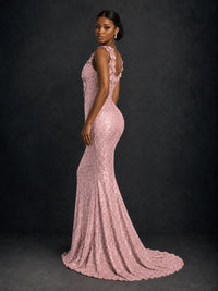 Gold Sequin Floral Applique Mermaid Prom Dress