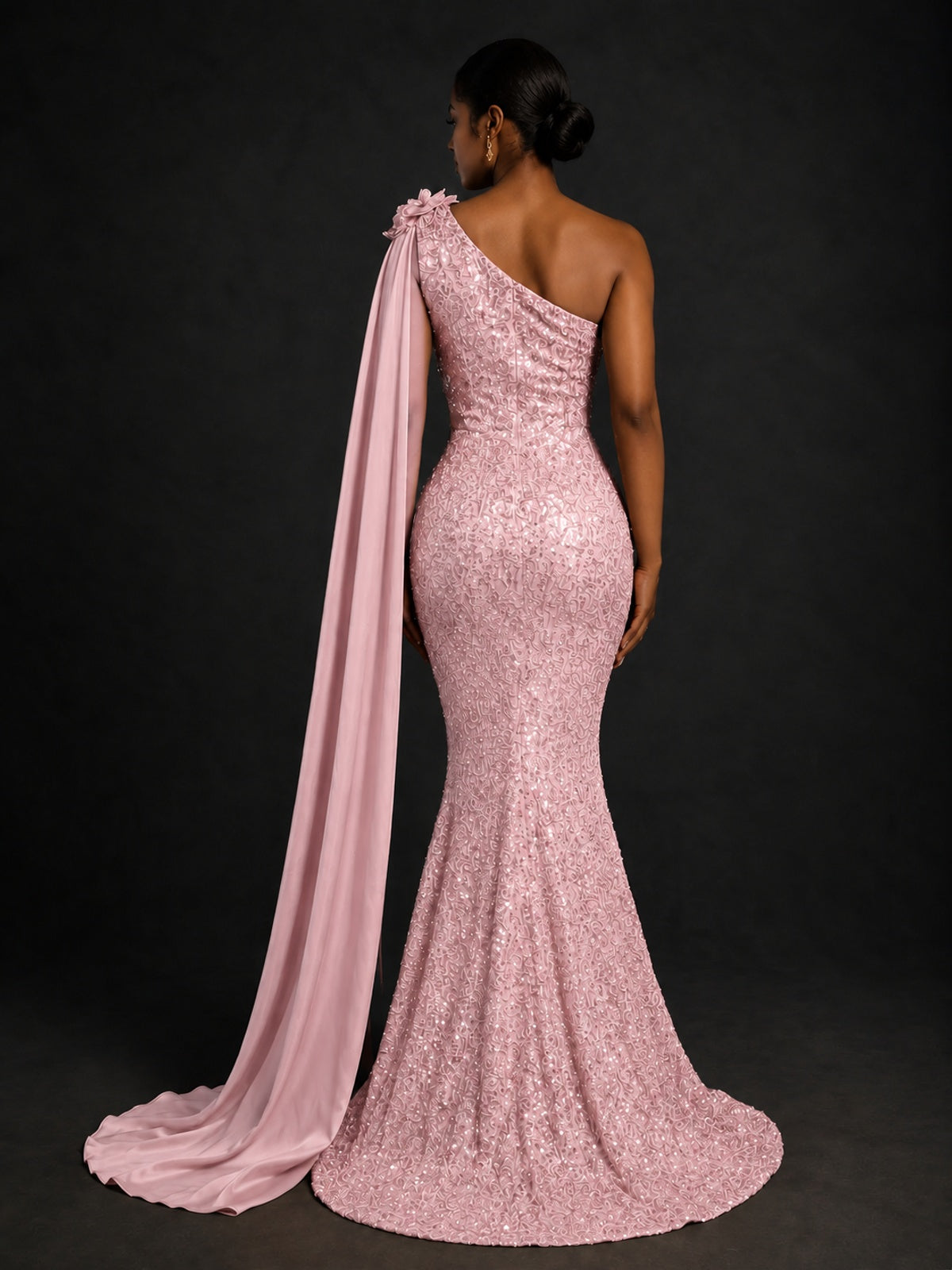 Gold Sequin One Shoulder Mermaid Prom Dress with Cape