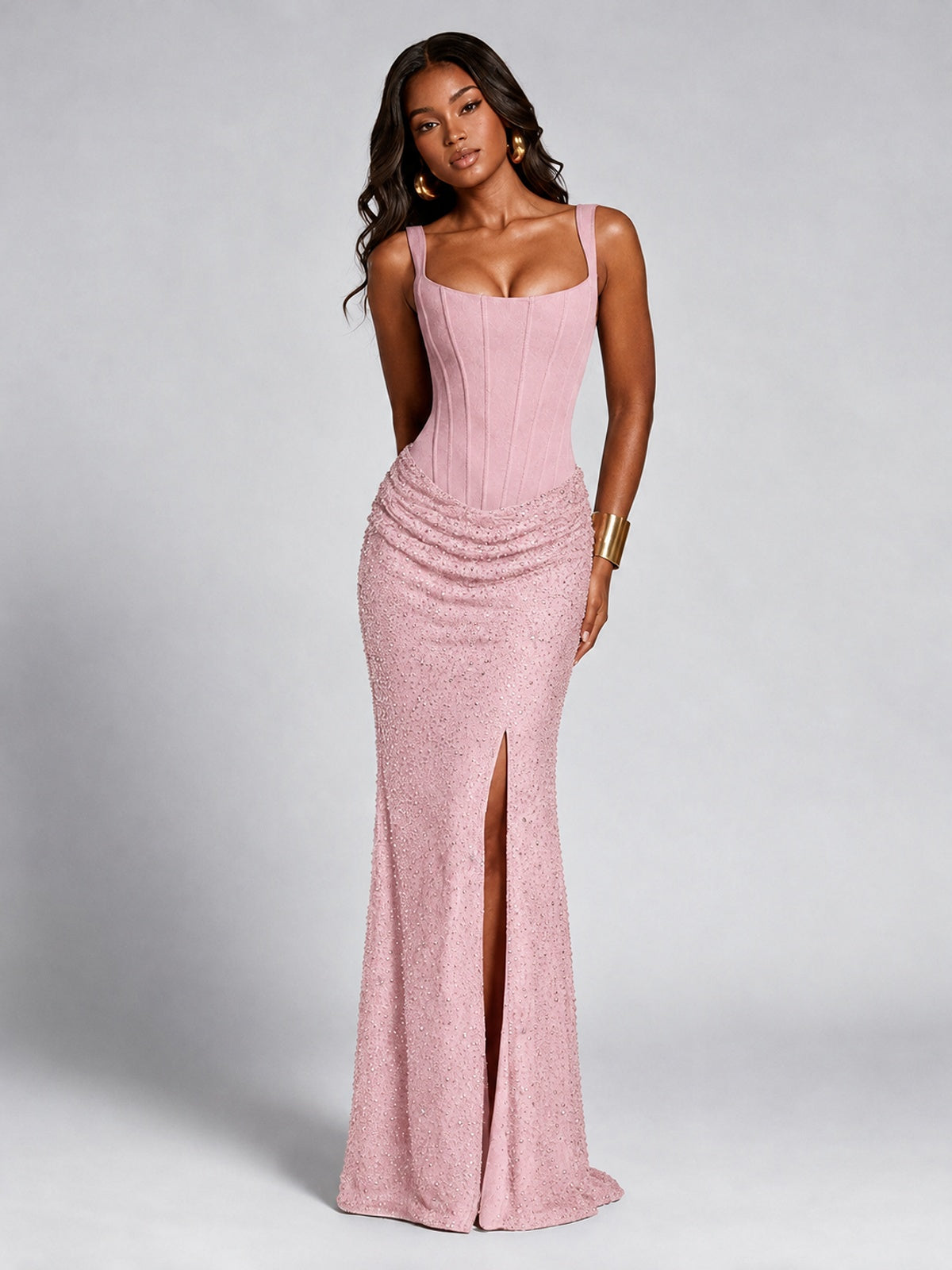 Sequin Corset Mermaid Prom Dress with Square Neck Wide Strap High Slit
