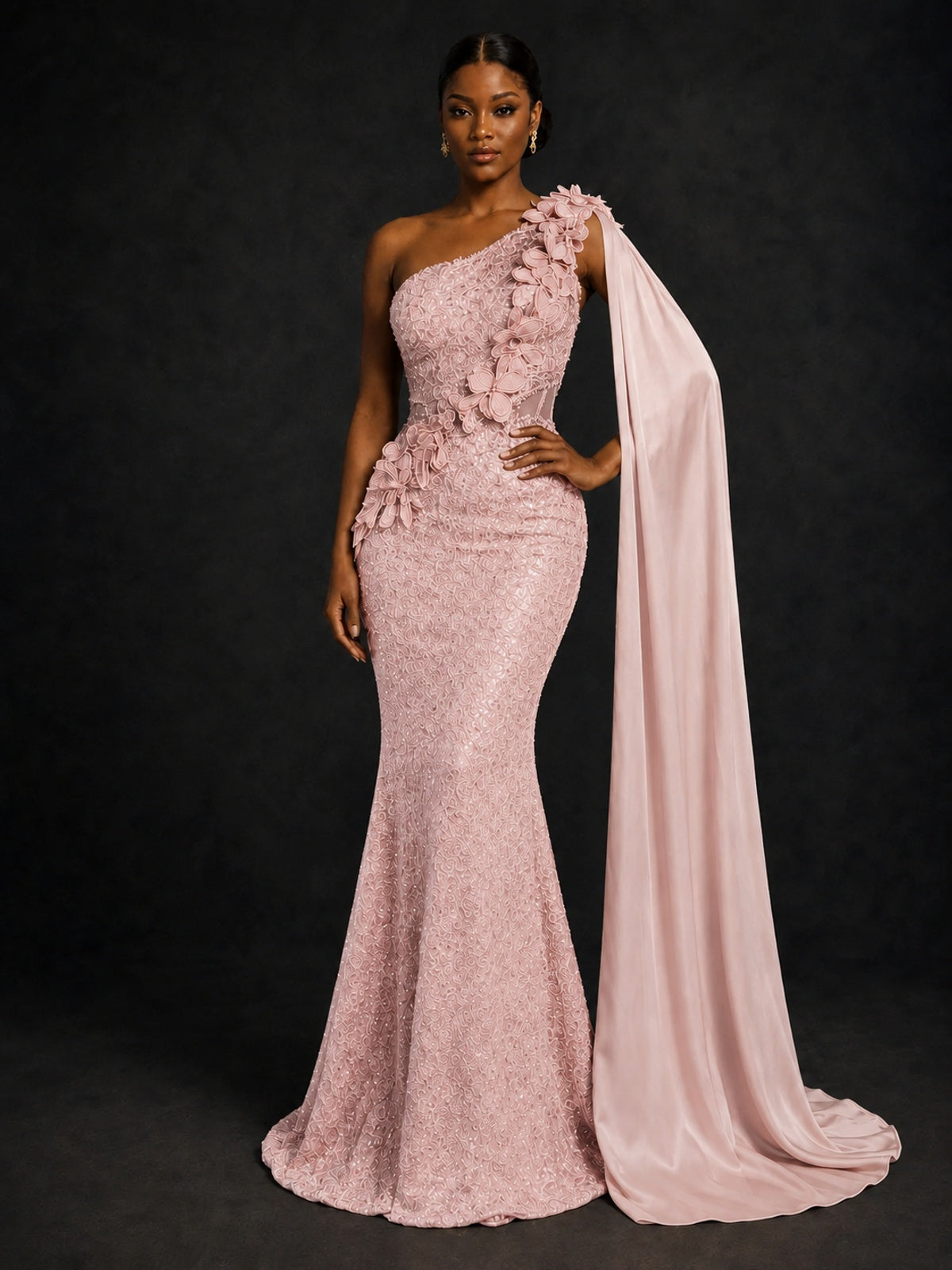 Gold Sequin One Shoulder Mermaid Prom Dress with Cape