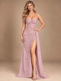 Burgundy Sequin Corset Prom Dress with High Slit