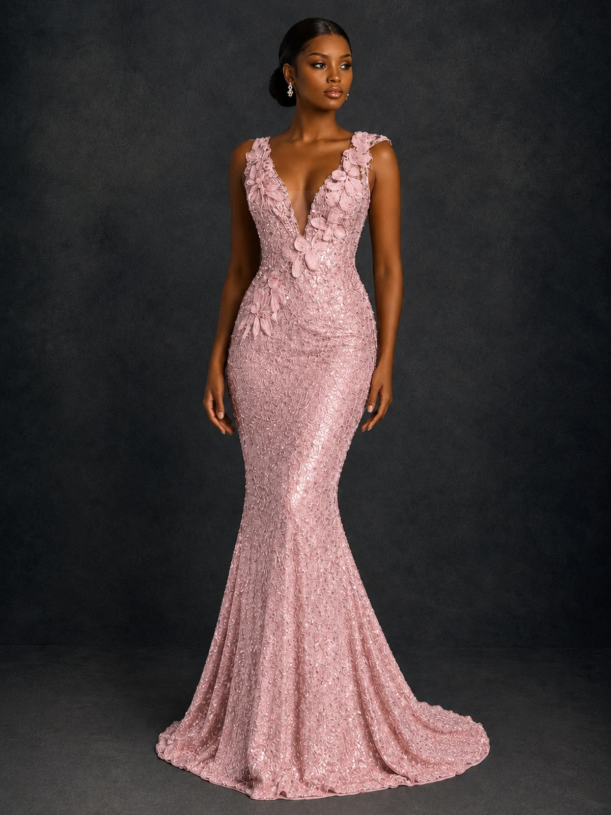 Gold Sequin Floral Applique Mermaid Prom Dress