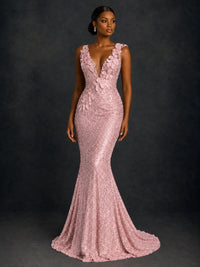 Gold Sequin Floral Applique Mermaid Prom Dress