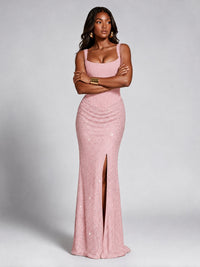 Sequin Corset Mermaid Prom Dress with Square Neck Wide Strap High Slit