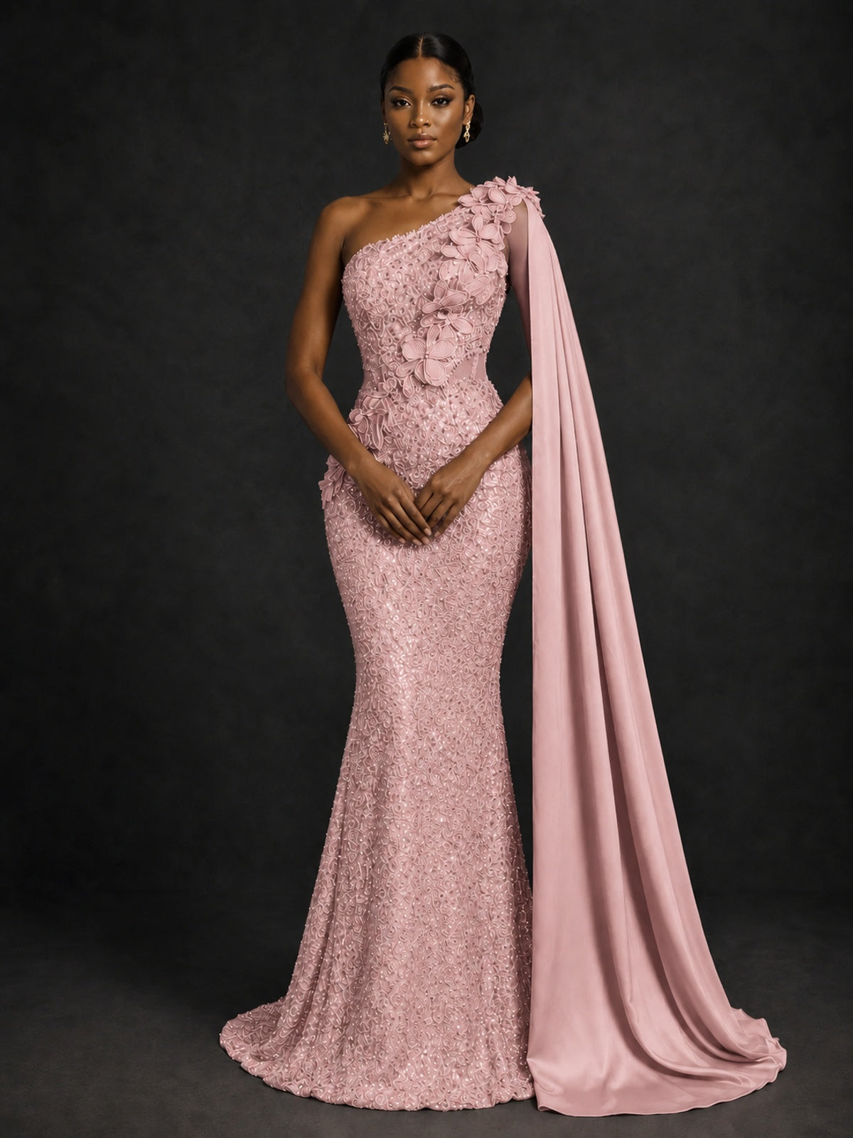 Gold Sequin One Shoulder Mermaid Prom Dress with Cape