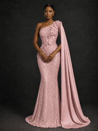 Gold Sequin One Shoulder Mermaid Prom Dress with Cape