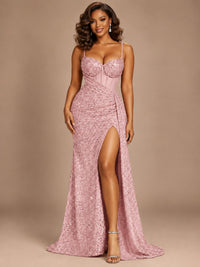Burgundy Sequin Corset Prom Dress with High Slit