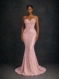 Sequin Mermaid Prom Dress with Floral Applique