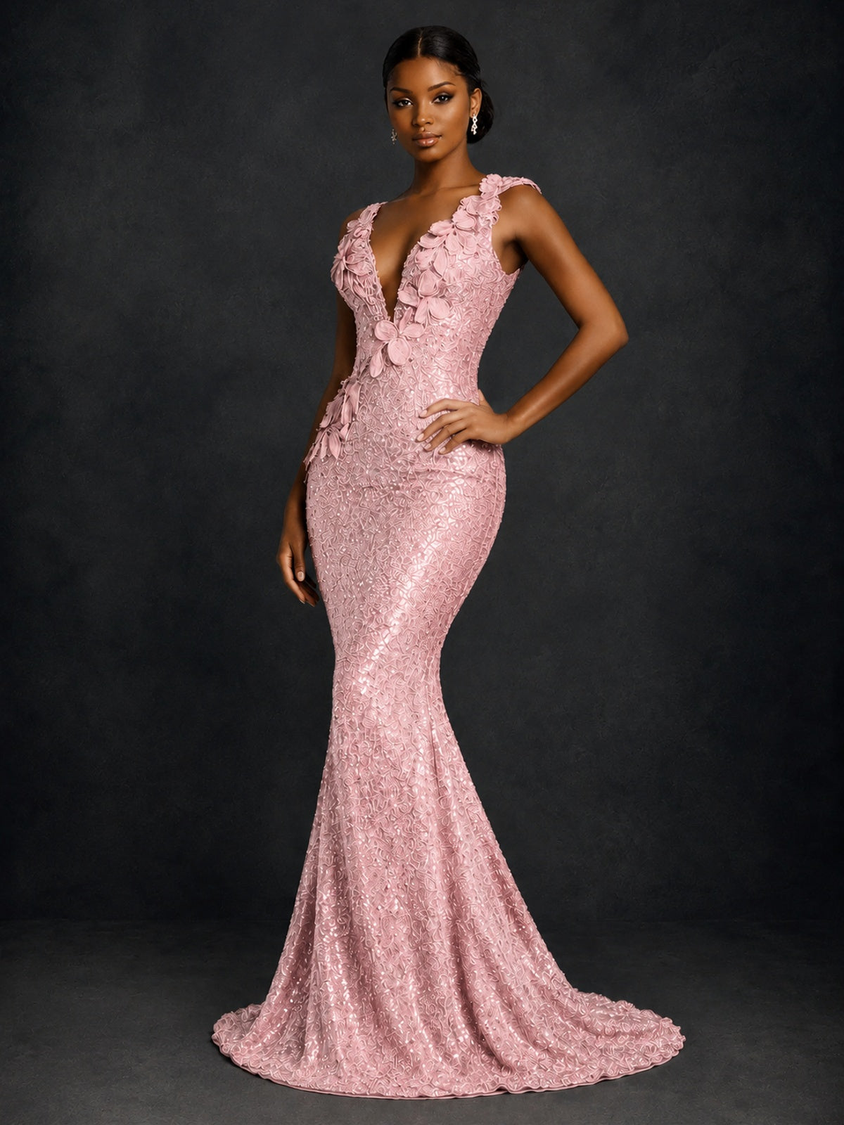 Gold Sequin Floral Applique Mermaid Prom Dress