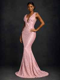 Gold Sequin Floral Applique Mermaid Prom Dress
