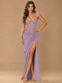 Sweetheart Halter Prom Dress Pleated Lace Floral Formal Dress with Slit