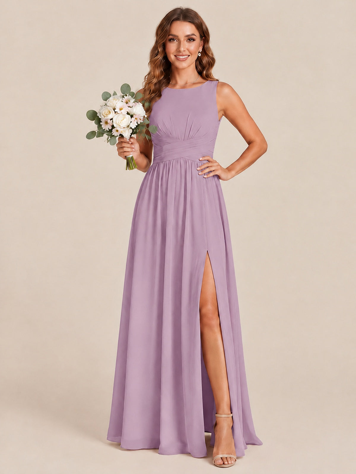 A-line Sleeveless Rucehd Chiffon Bridesmaid Dress with High Slit