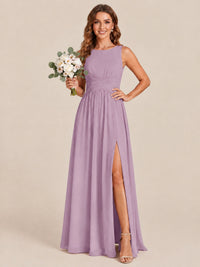 A-line Sleeveless Rucehd Chiffon Bridesmaid Dress with High Slit