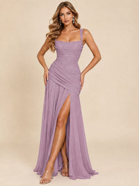 Wrap Pleated Prom Dress Scoop Neck with Slit Women Wedding Formal Dress