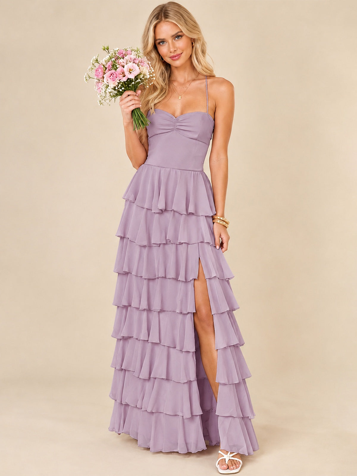 Ruffled Tiered Chiffon Prom Dress Spaghetti Straps Formal Maxi Dress with Slit