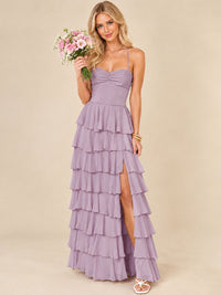 Ruffled Tiered Chiffon Prom Dress Spaghetti Straps Formal Maxi Dress with Slit